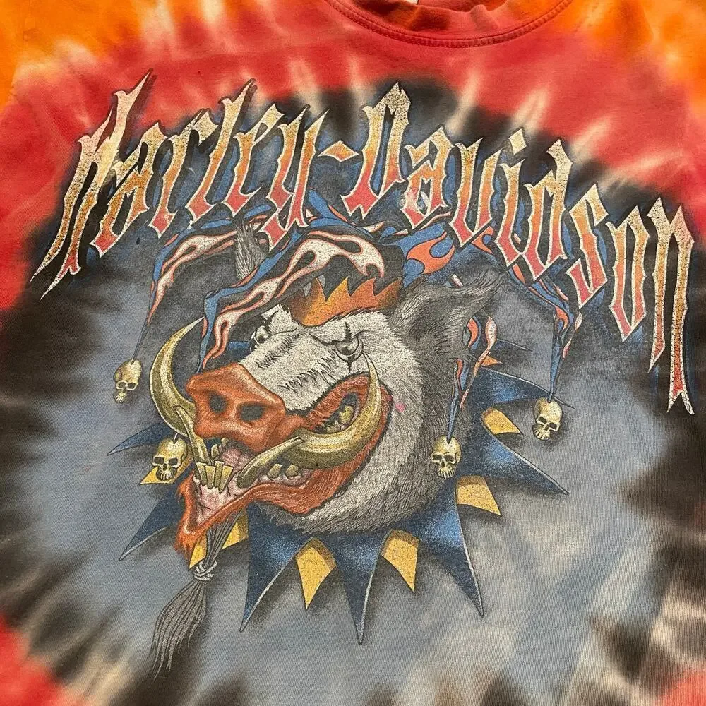 Vintage Harley Davidson Hog Skull Flame Carroll Iowa Shirt Mens Medium Tie Dye